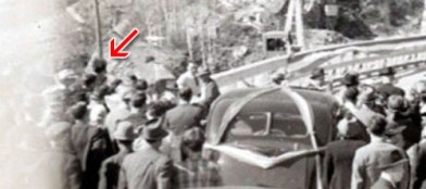 Reopening of the South Fork Bridge after flood in Nov. 1940 second photo of the time traveler (from behind) 